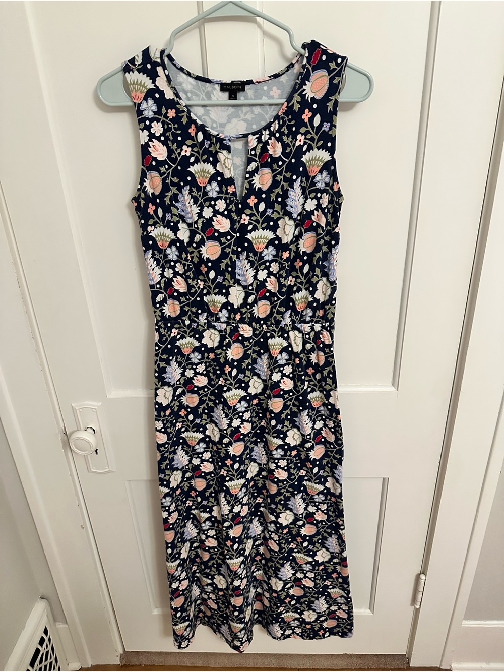 Talbots Full Length Maxi Dress Sleeveless Stretch Paisley Floral Thistle Navy S